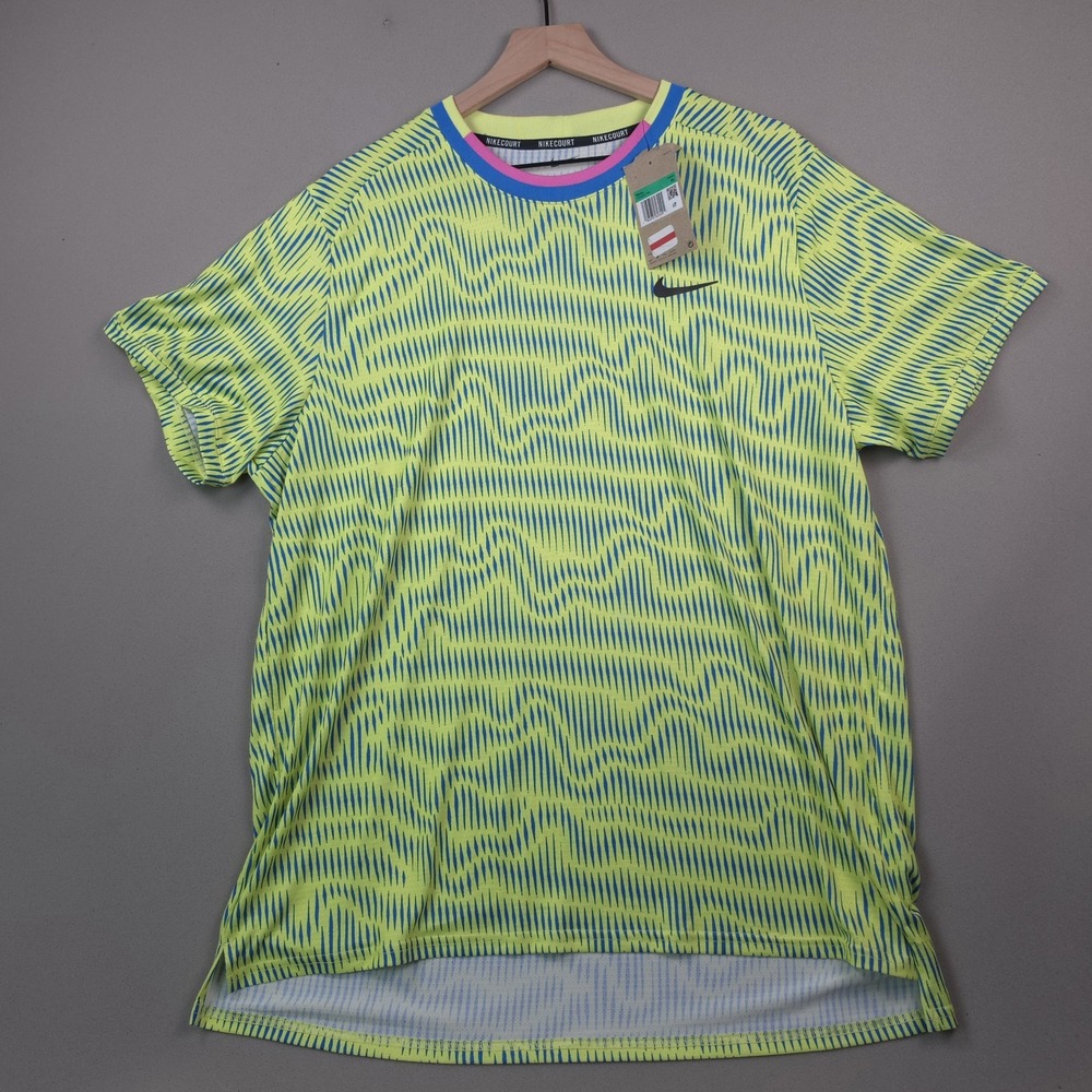Nike Court Dri-FIT Advantage Mens XL Tennis Shirt Yellow Blue NWT Alcaraz Print